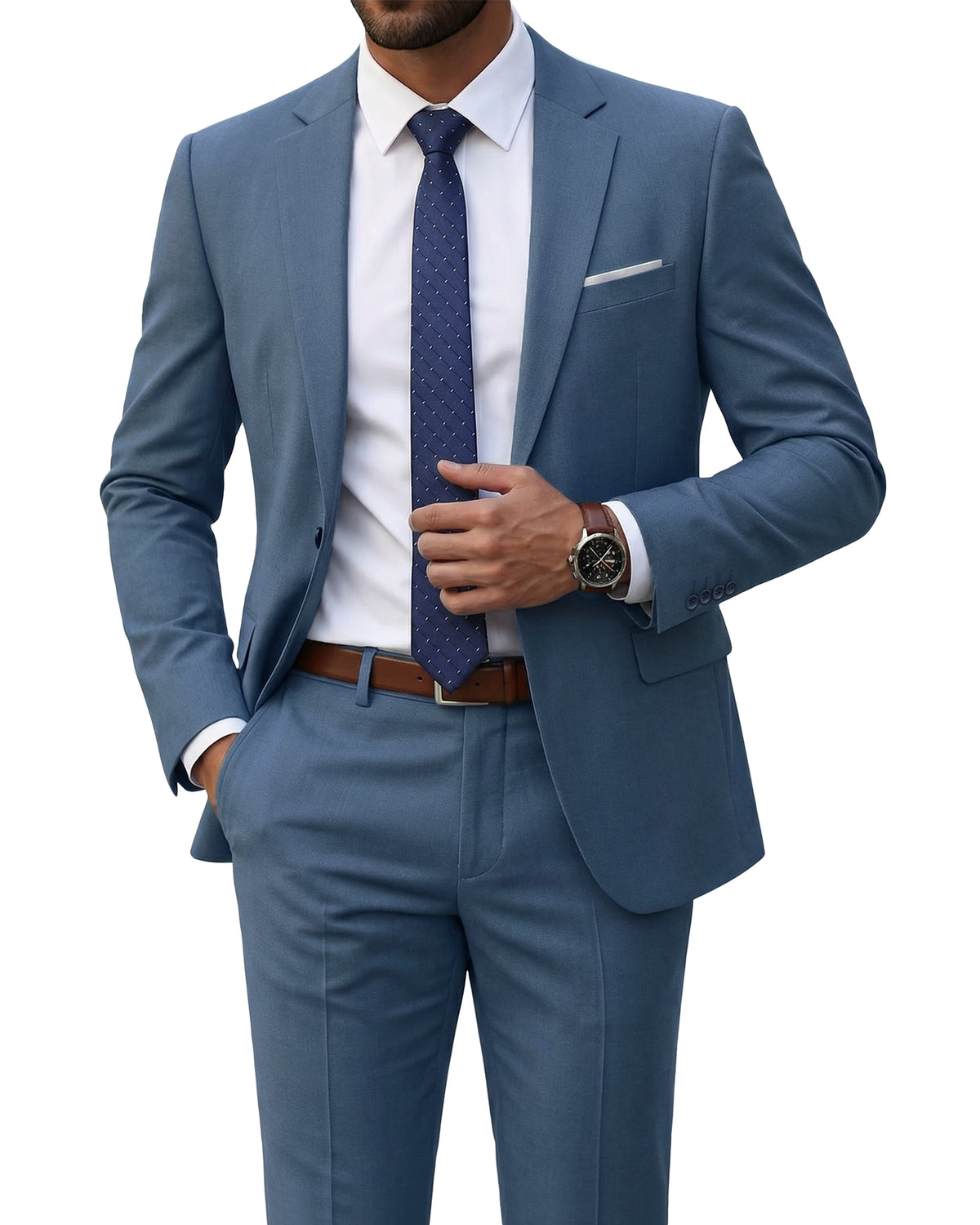 one-button suit jacket paired with a pair of pants