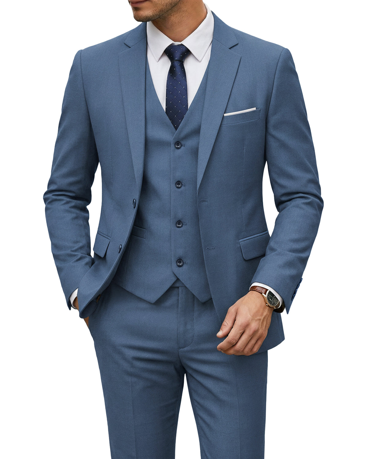 two-button suit jacket with a matching vest and pants