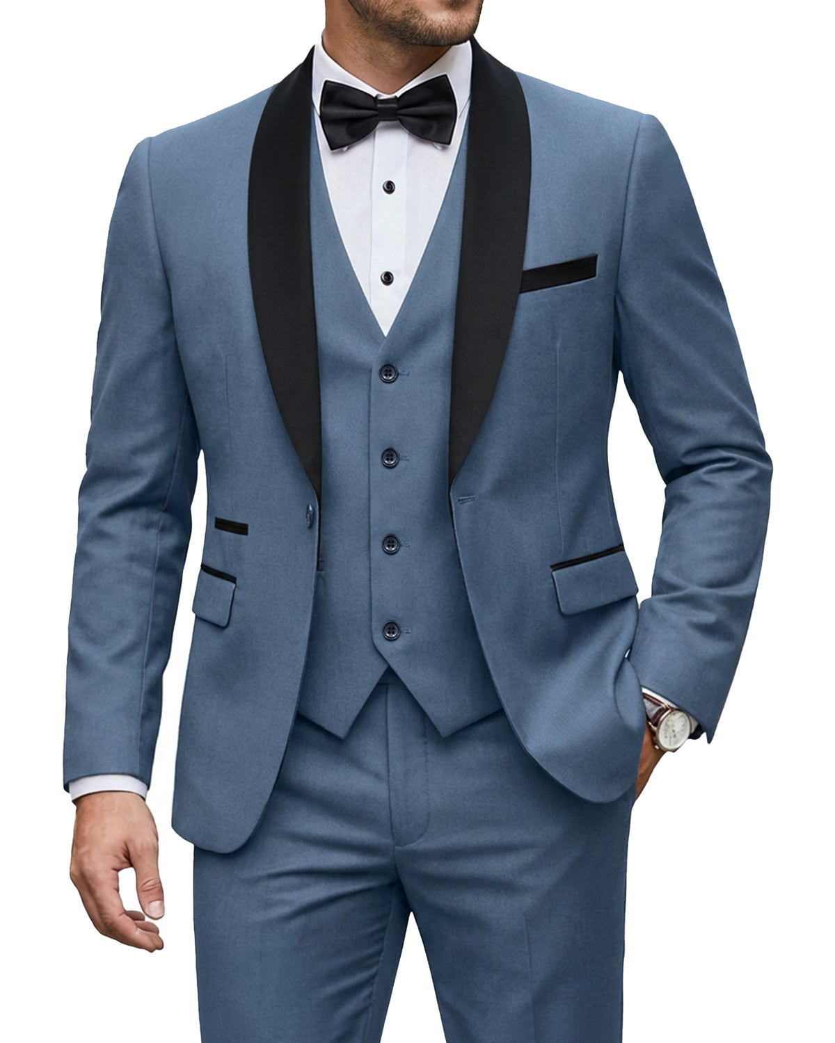 one-button jacket, matching vest, and pants.