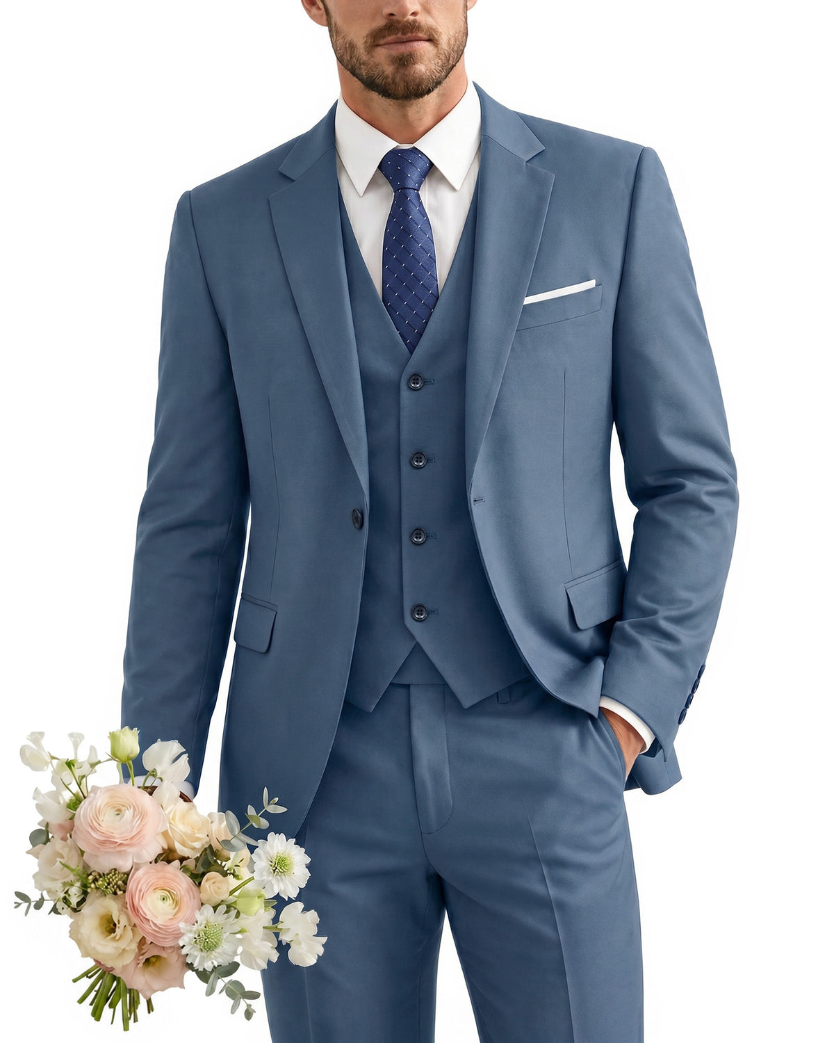 one-button suit includes a jacket, vest, pants