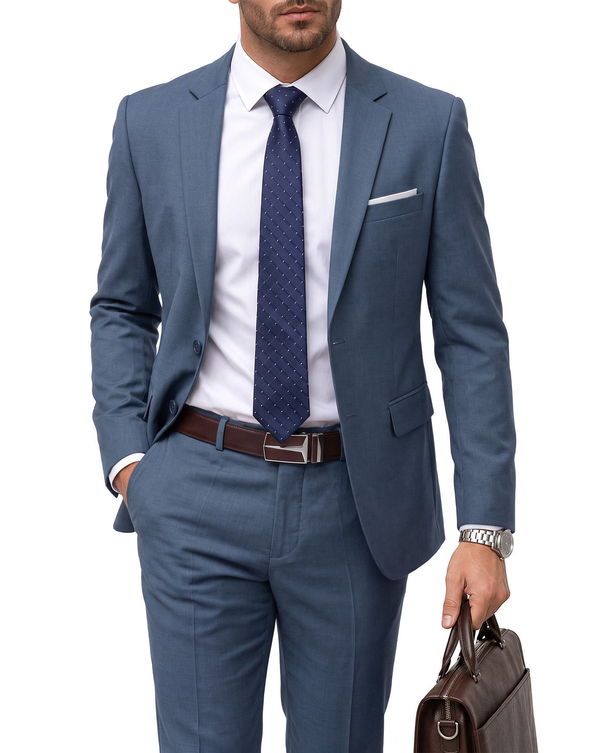 two-button suit jacket paired with a pair of pants