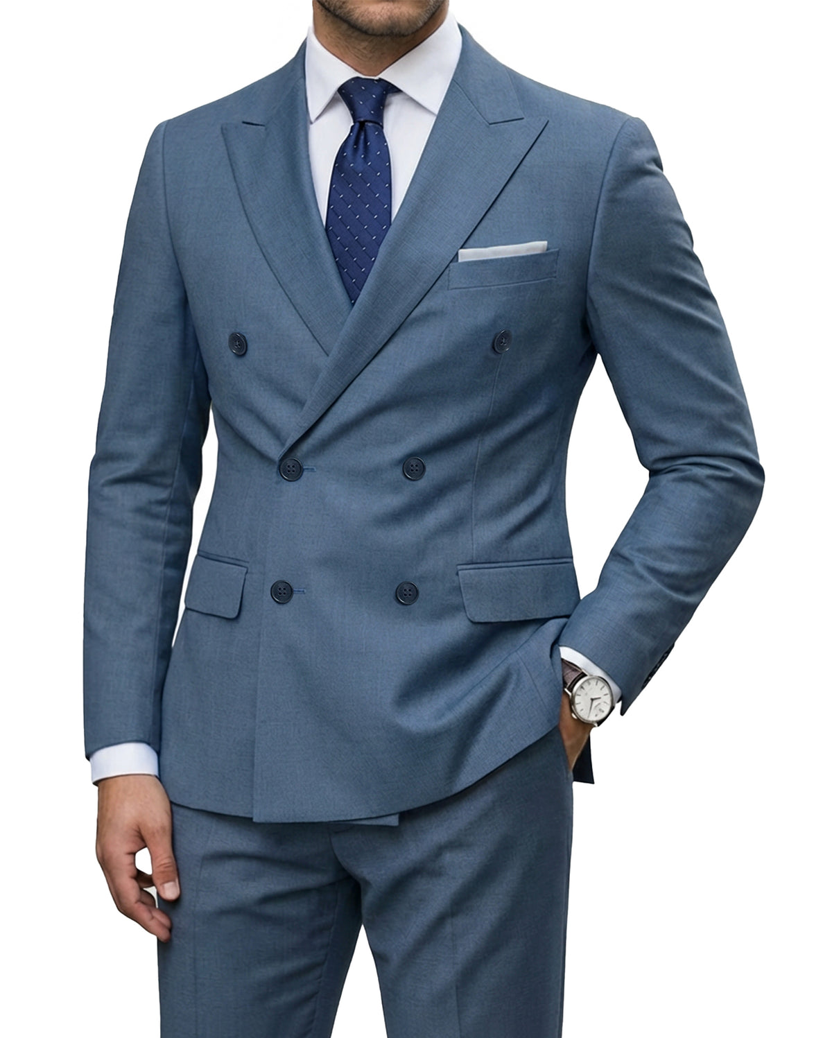 double-breasted suit jacket paired with a pair of pants