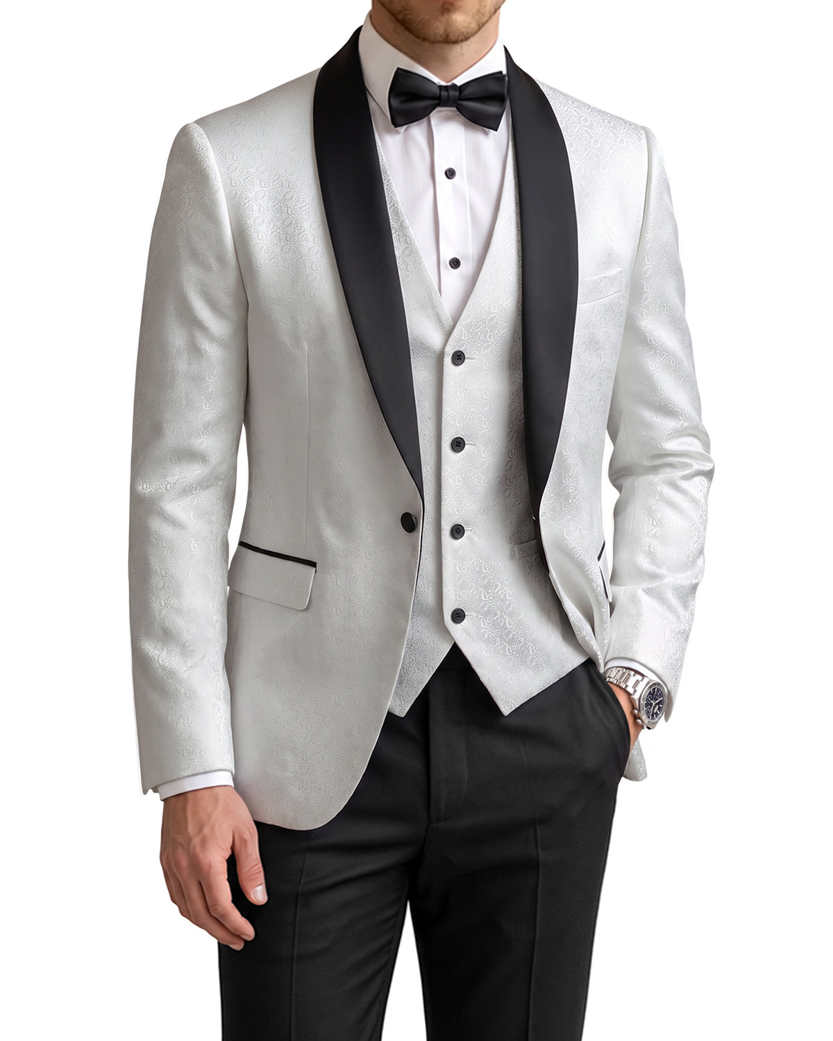 one-button jacket, matching vest, and pants