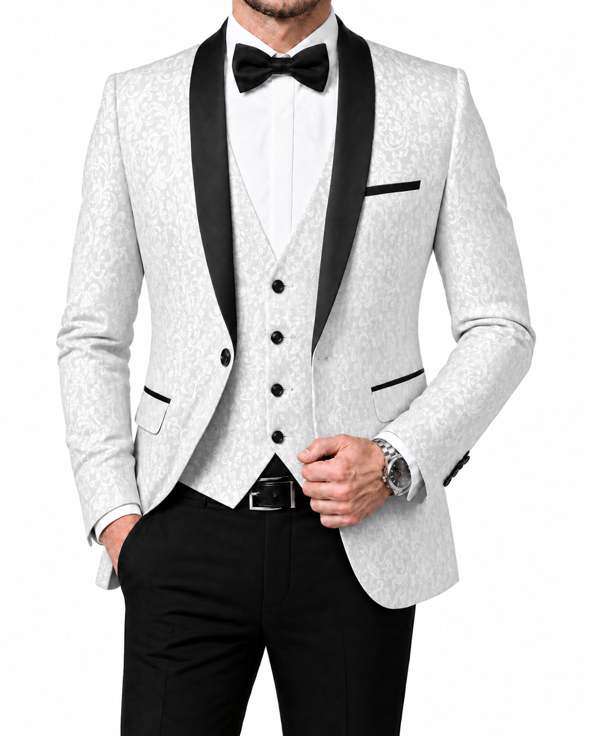 YND Men's Slim Fit Jacquard Tuxedo 3 Piece Suit, Shawl Lapel Floral Blazer Jacket Vest Pants Set for Wedding Prom Party