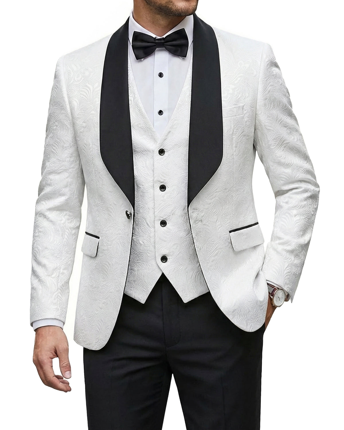 YND Men's 3 Piece Luxury Tuxedo Set, One Button Jacquard Slim Fit Shawl Lapel Jacket Vest & Pants, Premium Tuxedo for Men