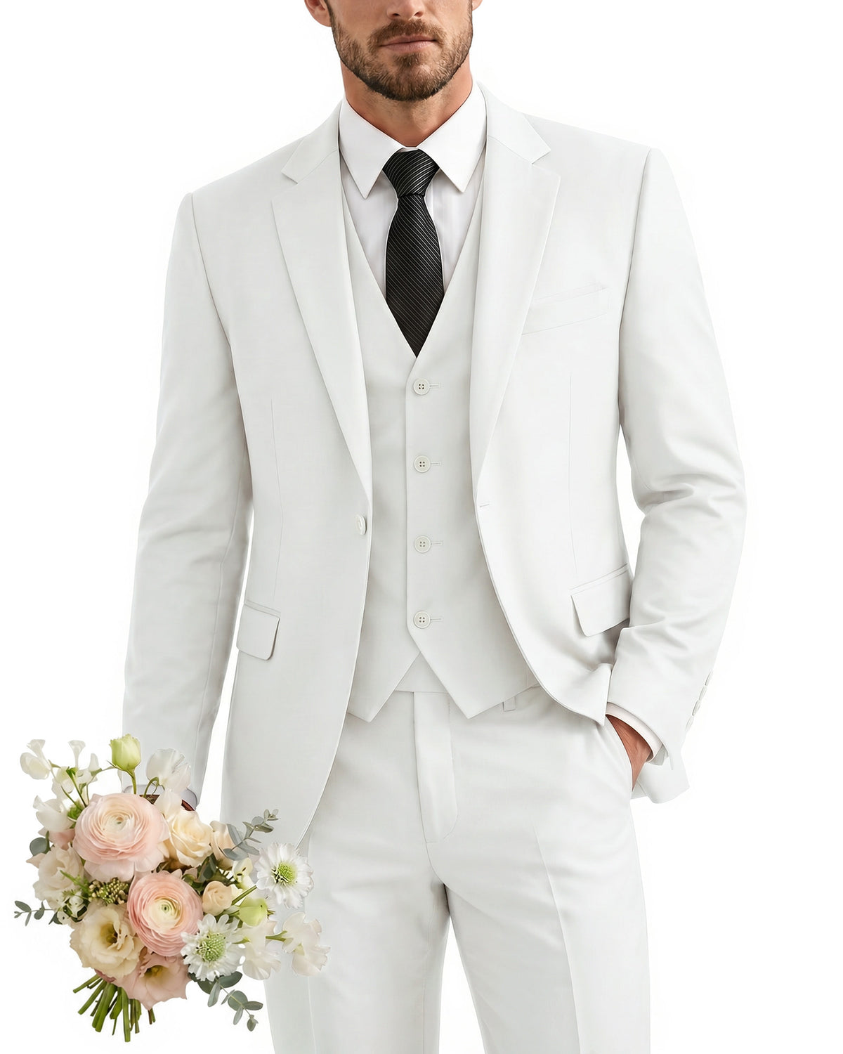 one-button suit includes a jacket, vest, pants