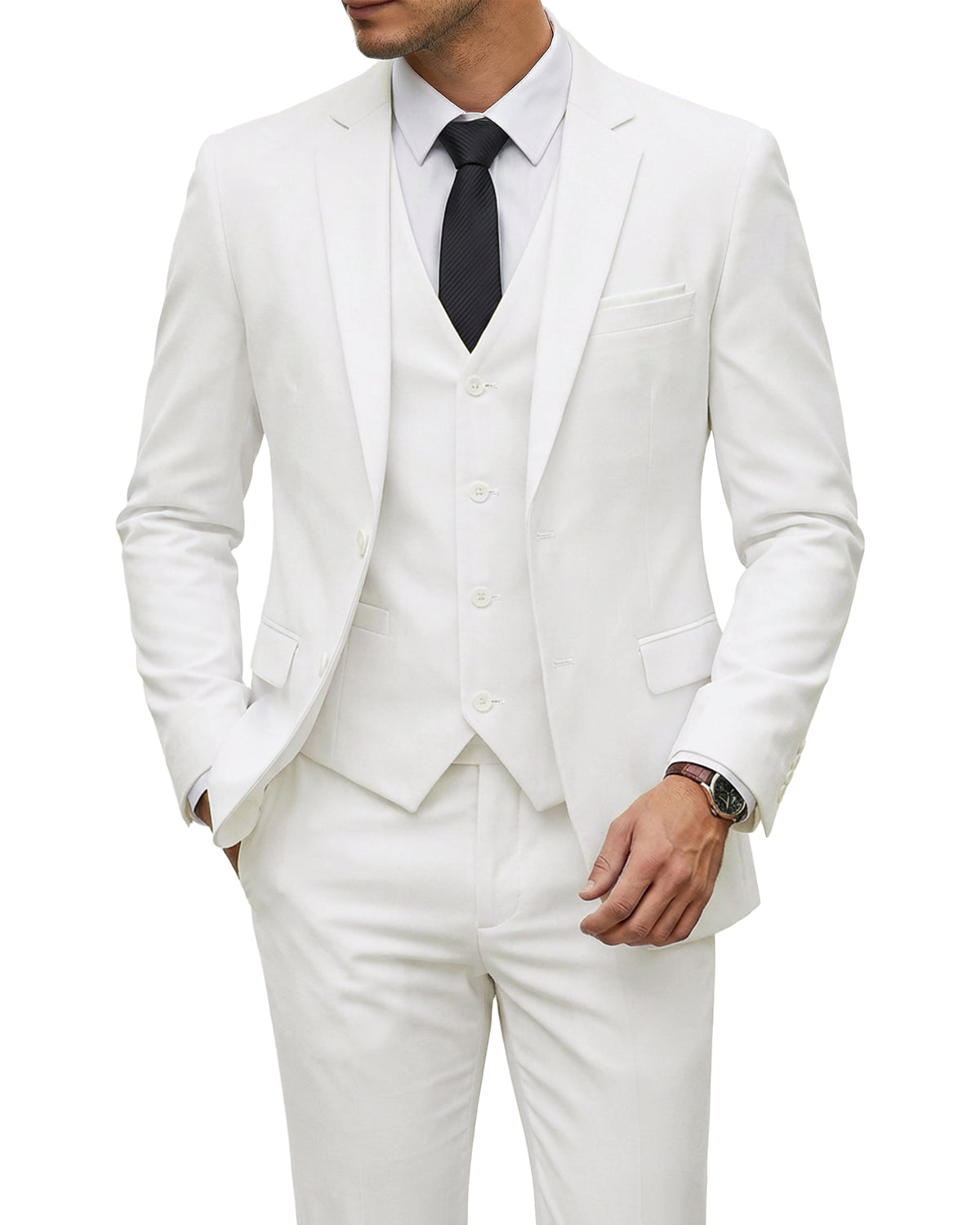 two-button suit jacket with a matching vest and pants