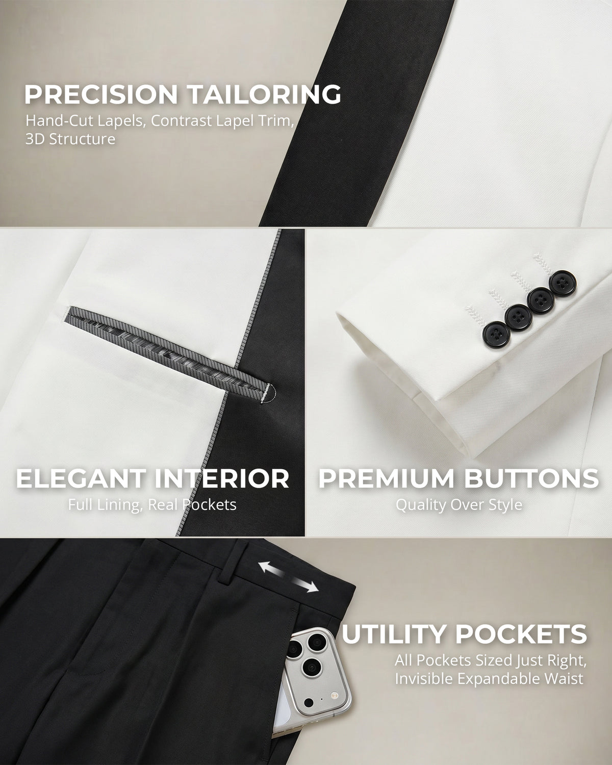 one-button jacket, matching vest, and pants.