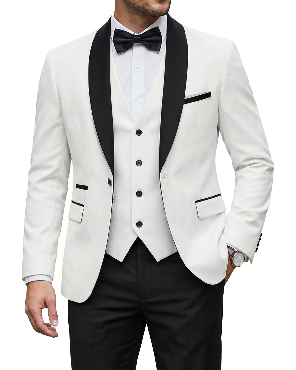 one-button jacket, matching vest, and pants.