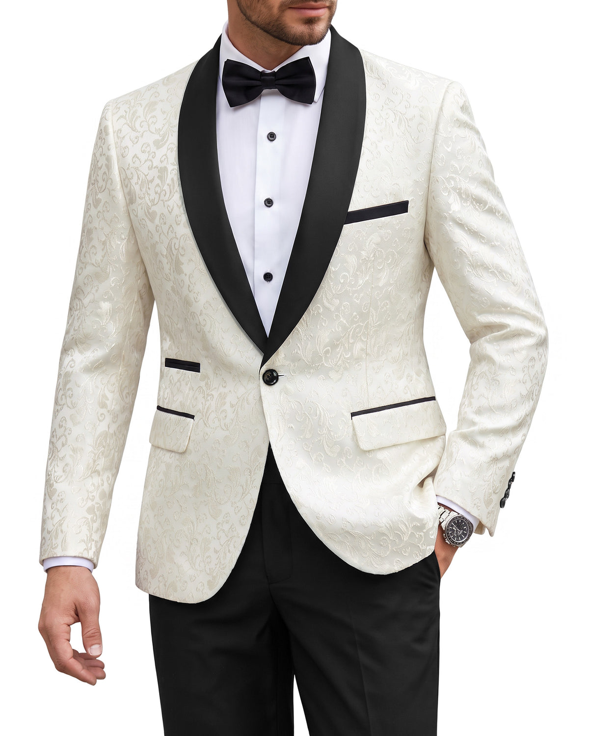 YND Men's 2 Piece Slim Fit Suit Set, One Button Shawl Lapel Floral Pattern Party Blazer, Jacket Pants with Bow Tie