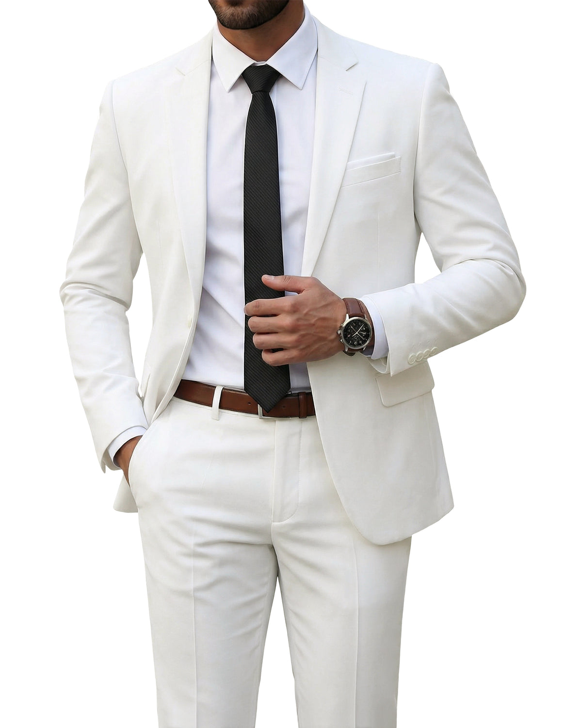 one-button suit jacket paired with a pair of pants