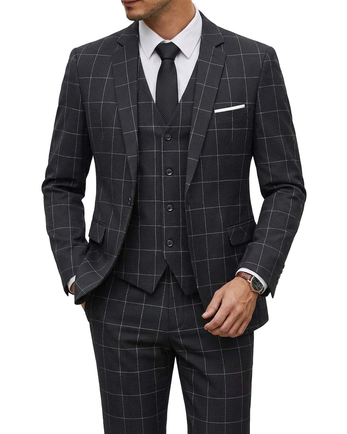 two-button suit jacket with a matching vest and pants