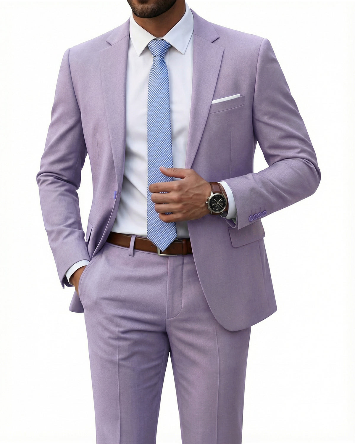 one-button suit jacket paired with a pair of pants