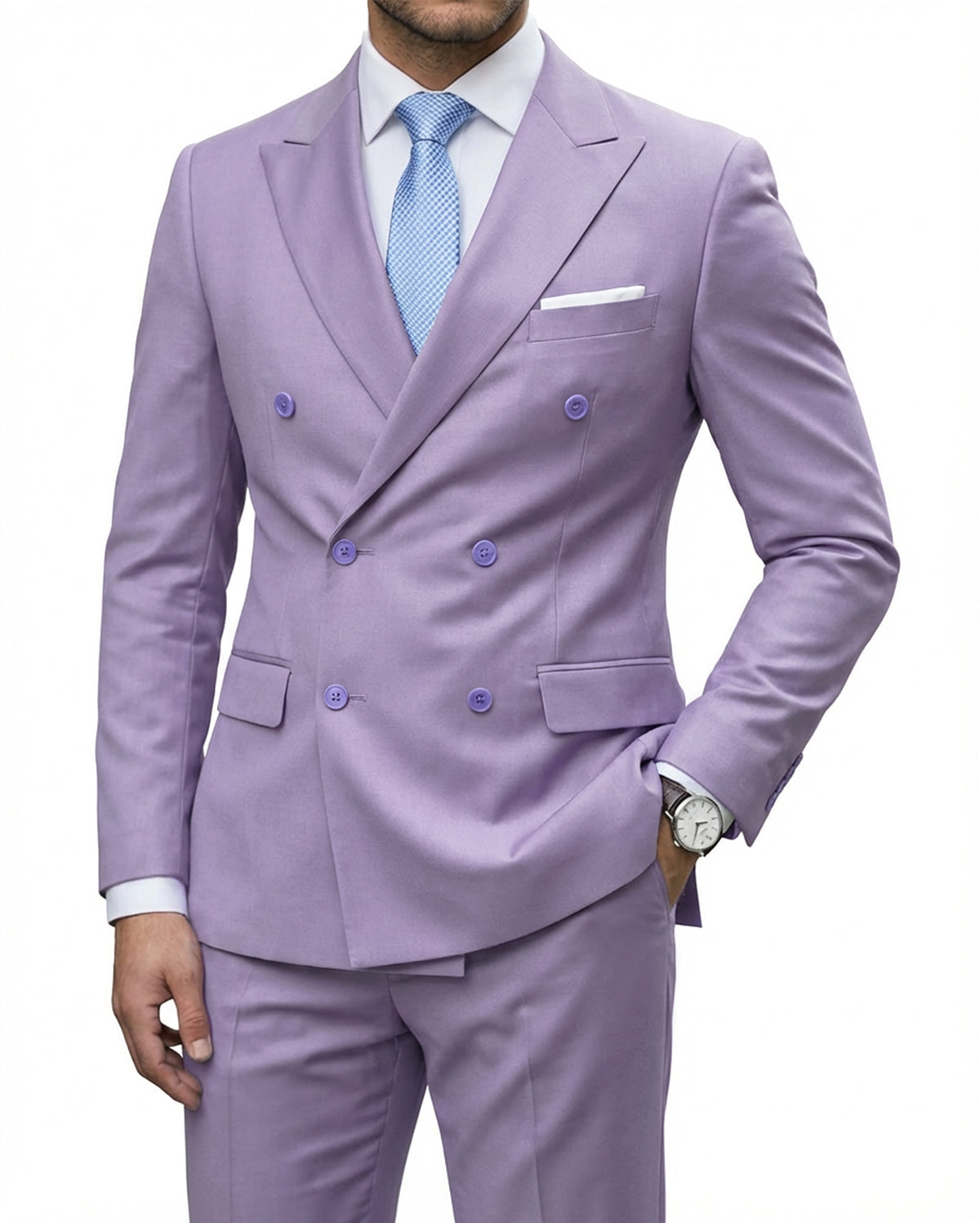 double-breasted suit jacket paired with a pair of pants