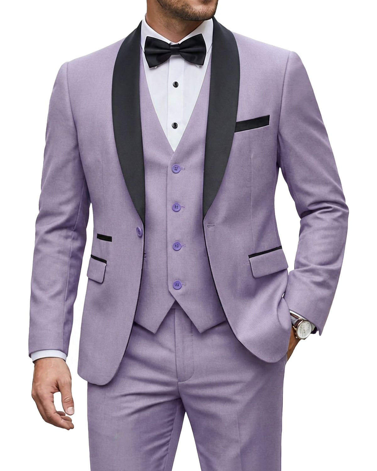 one-button jacket, matching vest, and pants.