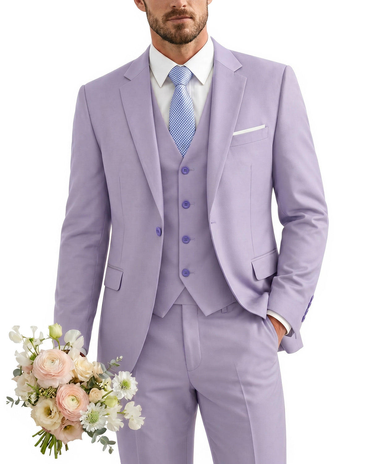 one-button suit includes a jacket, vest, pants