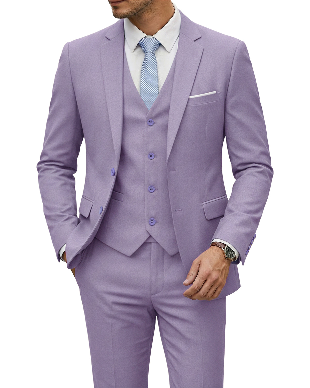 two-button suit jacket with a matching vest and pants