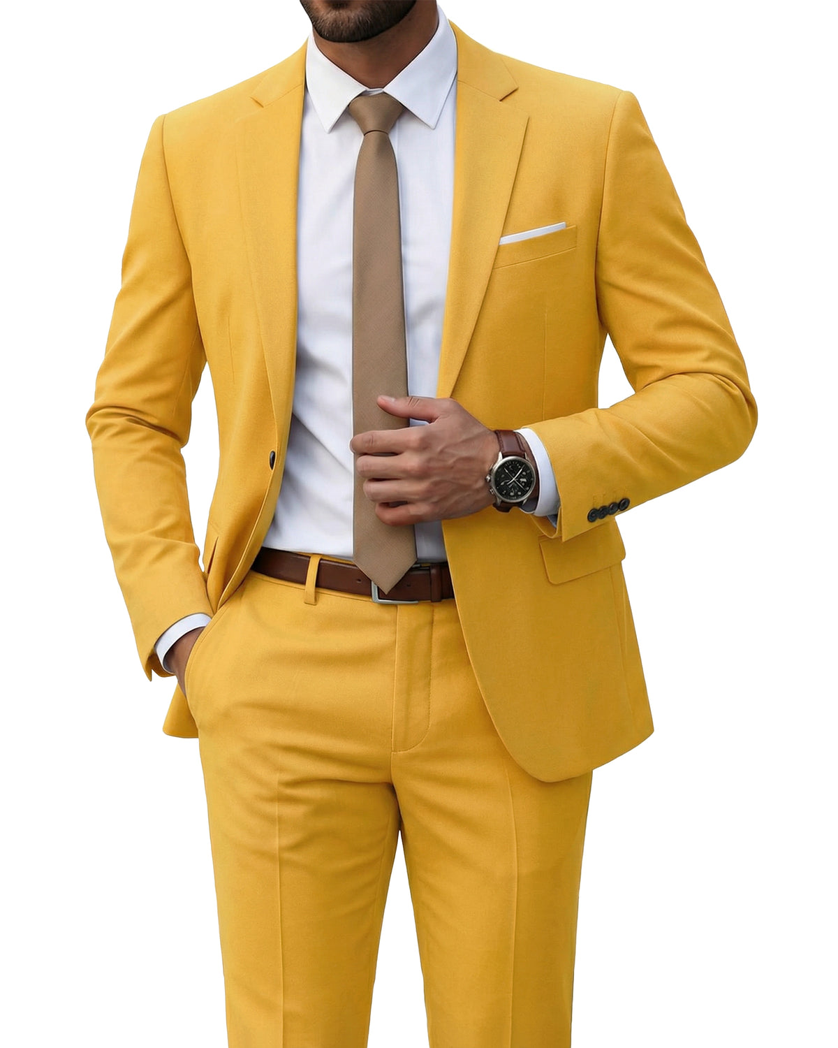 one-button suit jacket paired with a pair of pants