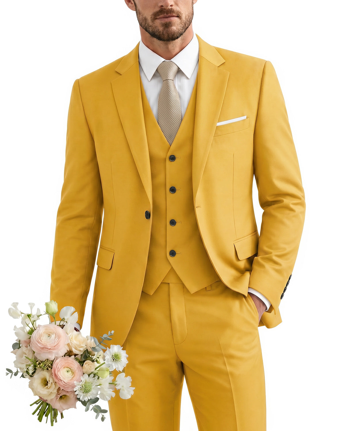 one-button suit includes a jacket, vest, pants