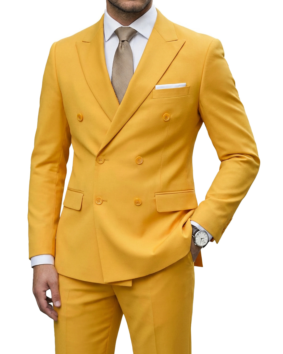 double-breasted suit jacket paired with a pair of pants