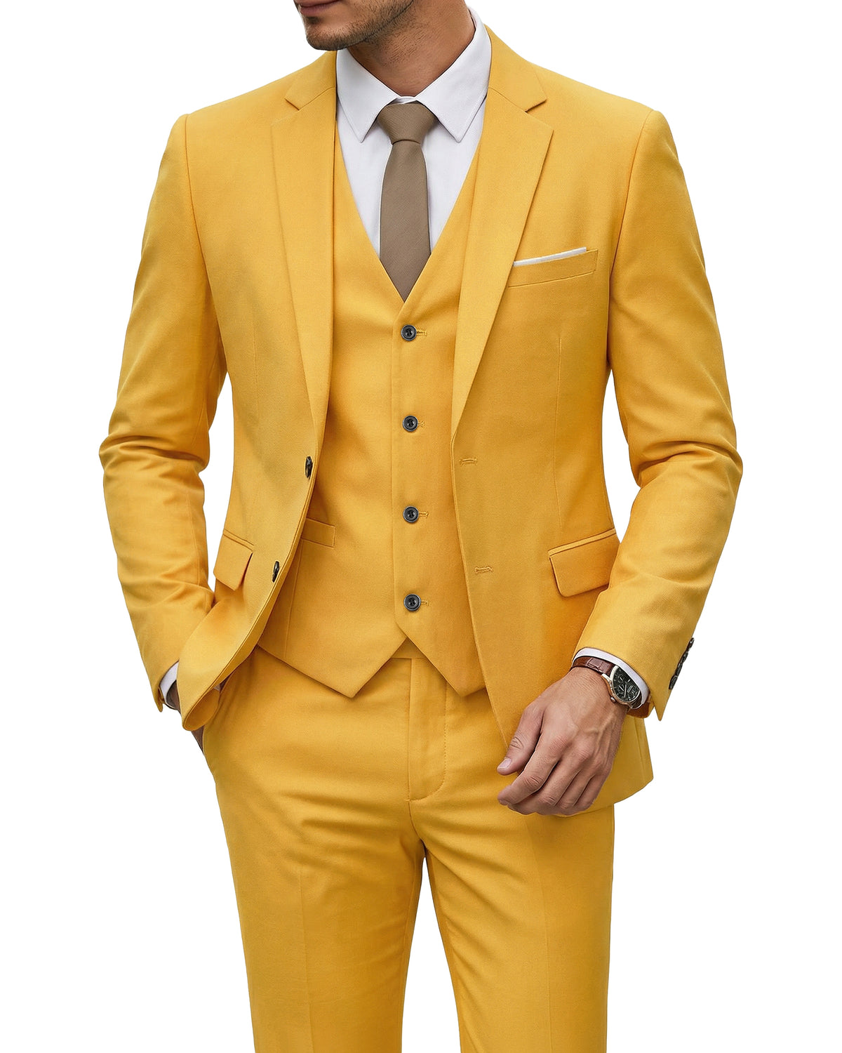 two-button suit jacket with a matching vest and pants