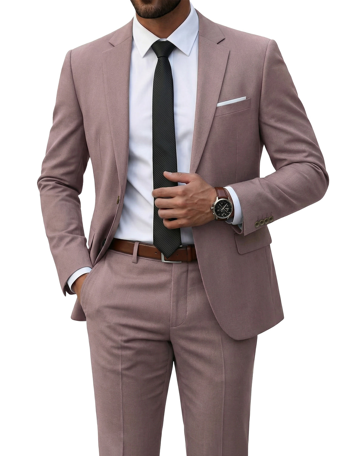 one-button suit jacket paired with a pair of pants