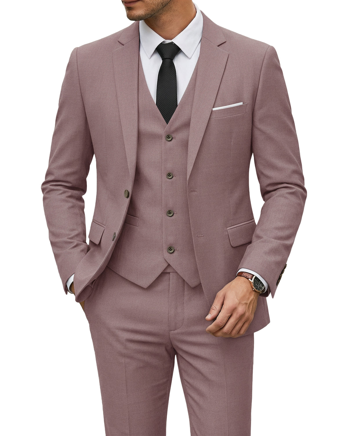 two-button suit jacket with a matching vest and pants