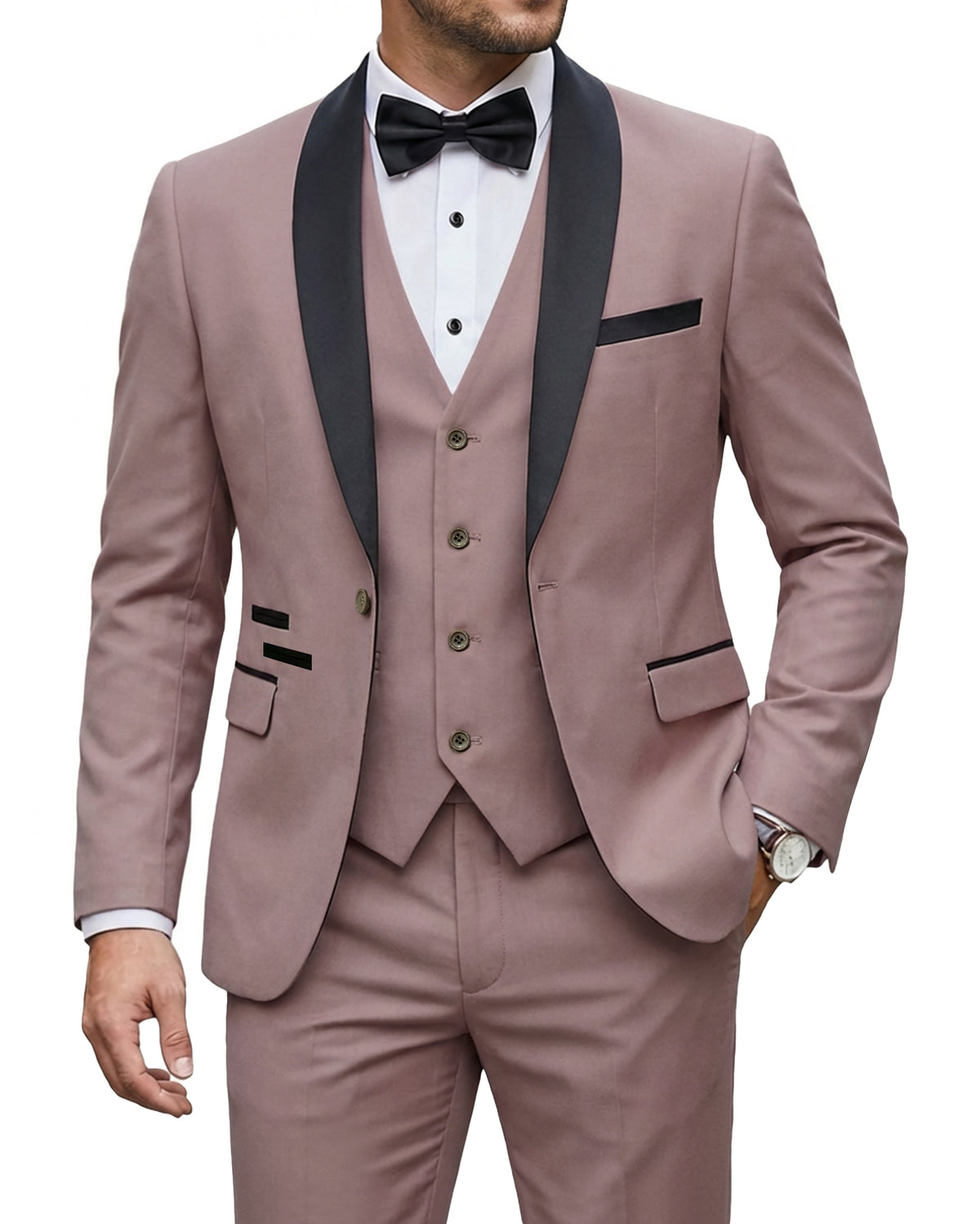 one-button jacket, matching vest, and pants.