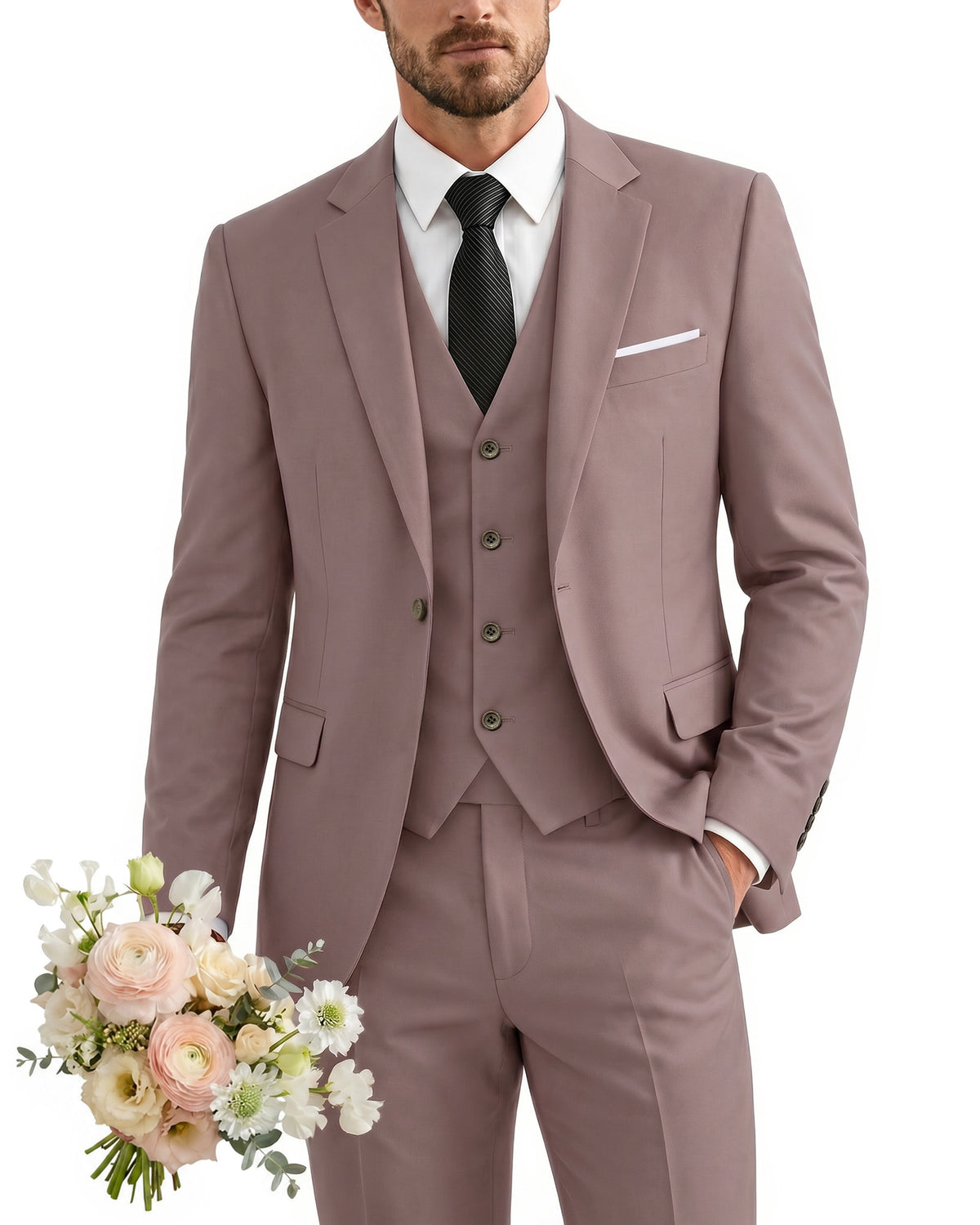one-button suit includes a jacket, vest, pants