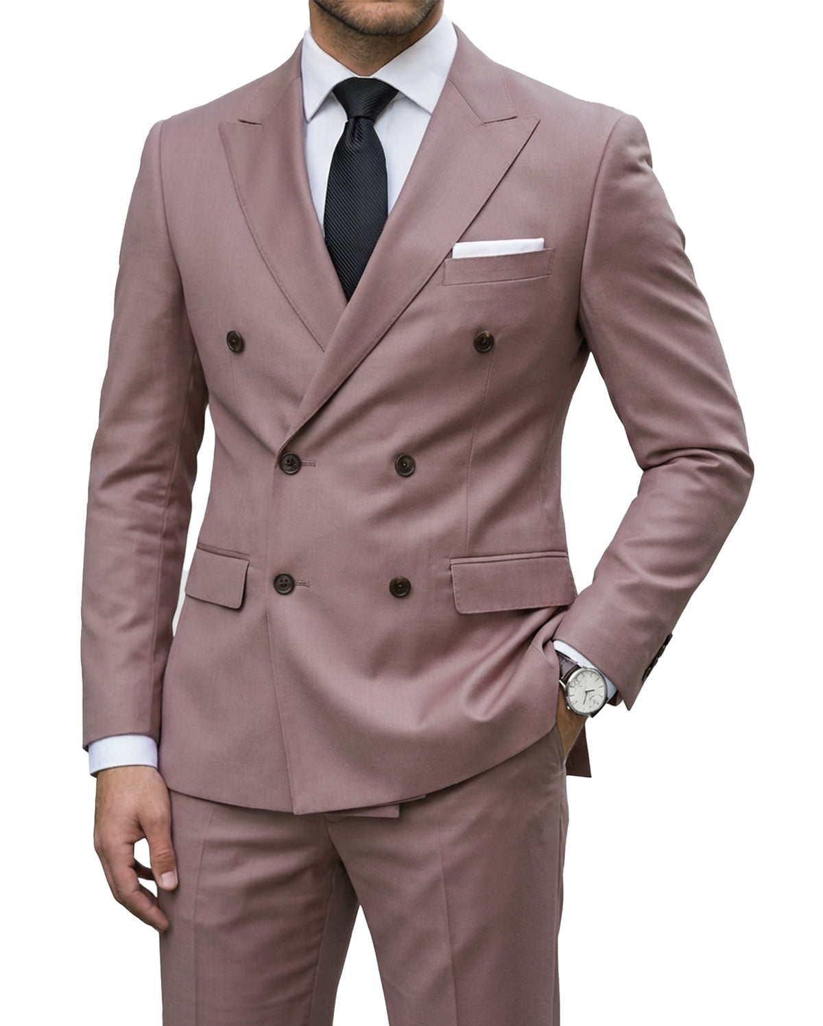 double-breasted suit jacket paired with a pair of pants