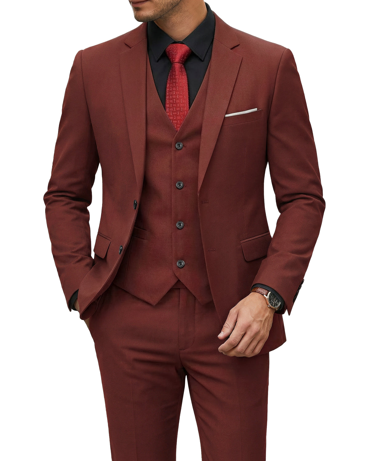 two-button suit jacket with a matching vest and pants