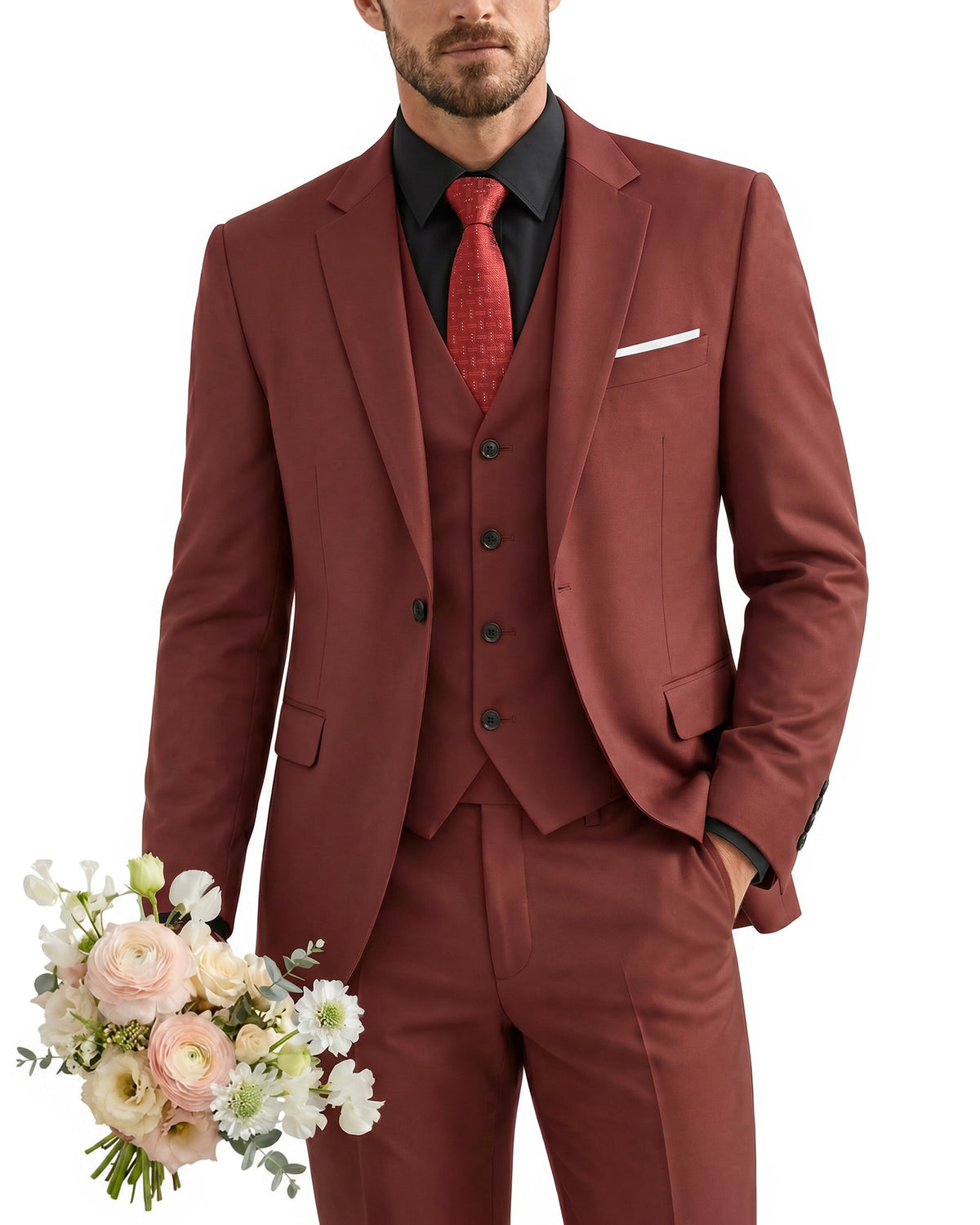 one-button suit includes a jacket, vest, pants