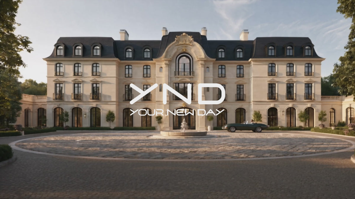 YND campaign set outside a sunlit stone manor