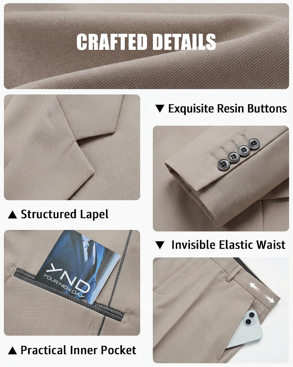 YND two-button three-piece suit in Beige — detail 3