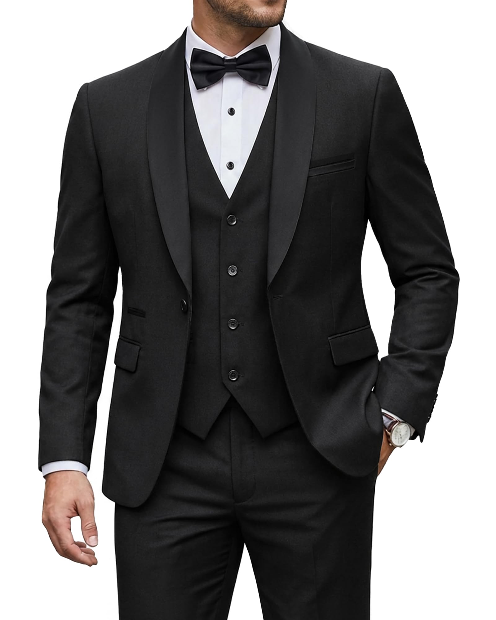 YND Men's Shawl-Lapel Three-Piece Tuxedo — Black