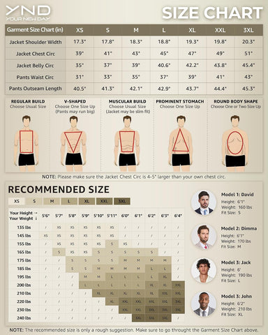 YND one-button two-piece suit — size chart