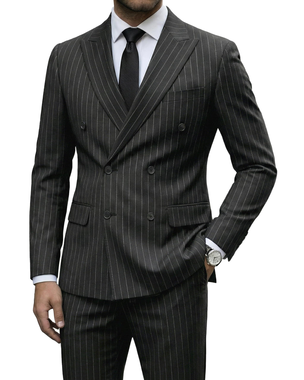 YND Men's Double-Breasted Stripe Two-Piece Suit with Tie — Black