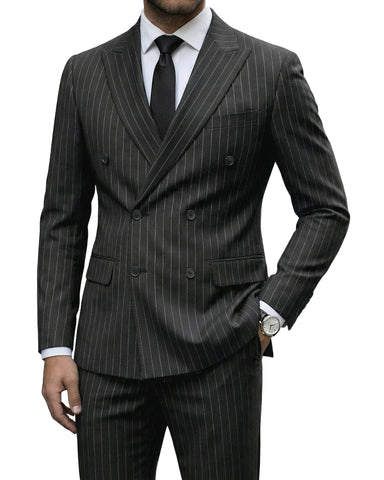 YND Men's Double-Breasted Stripe Two-Piece Suit with Tie — Black