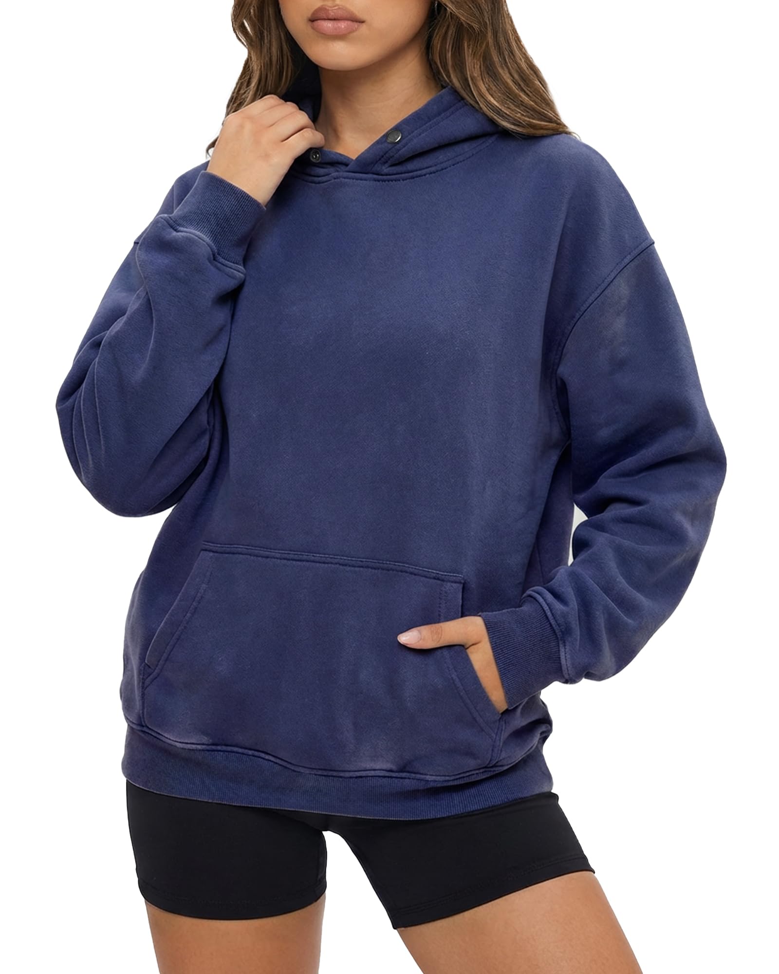 YND Women's Oversized Acid-Wash Hoodie — Dark Blue