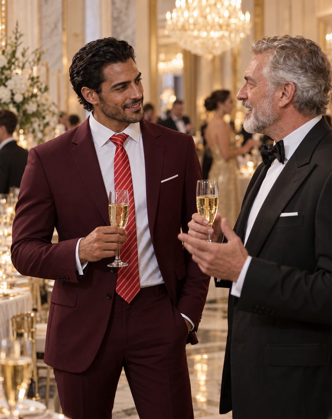 Two men in burgundy and black suits at an evening reception