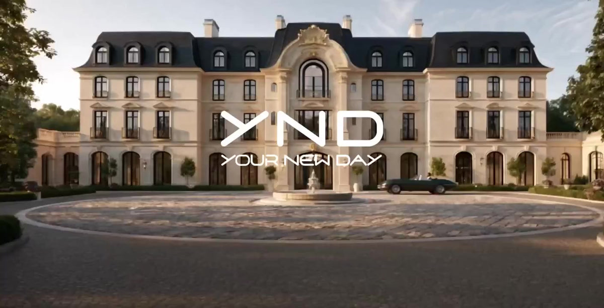 First frame of the YND campaign film, showing a stone manor with the YND logo