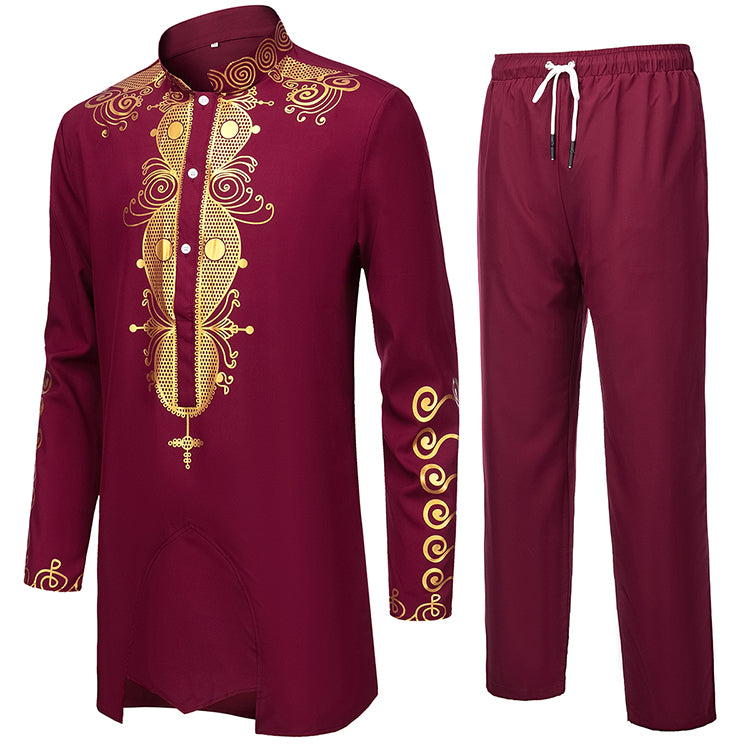Burgundy YND dashiki outfit with gold details.