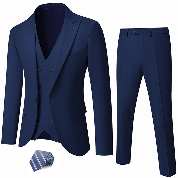 Navy YND three-piece suit with a tie.