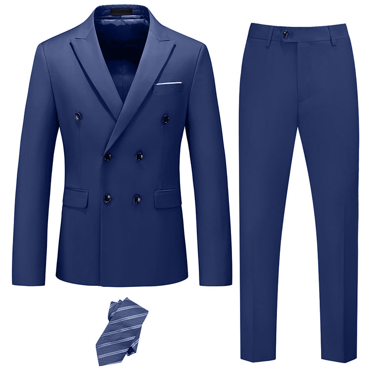 Blue YND double-breasted suit with a tie.
