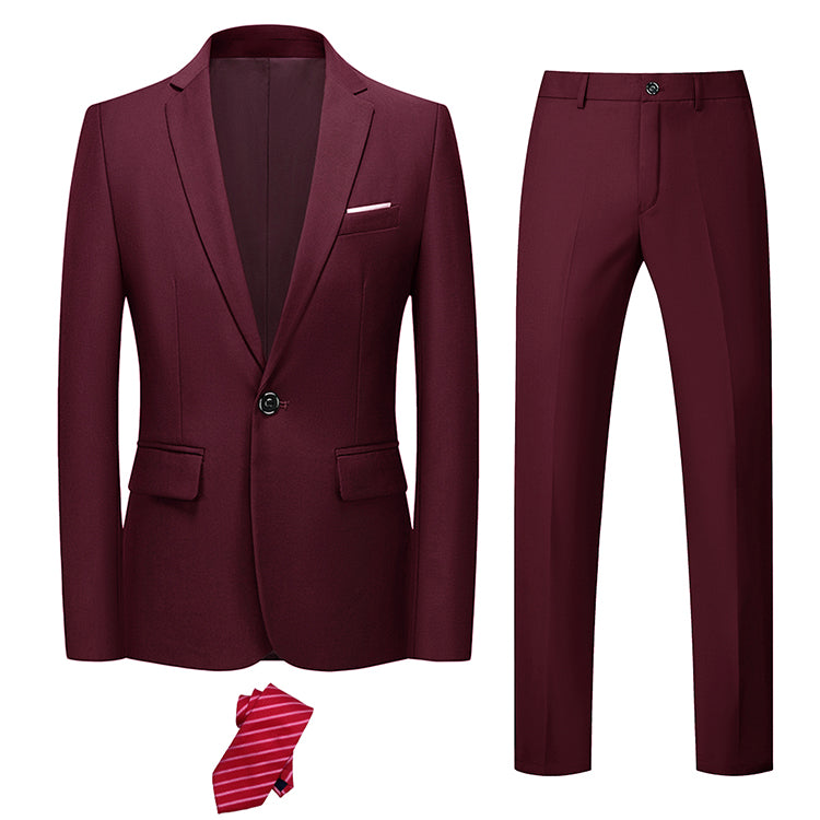 Burgundy YND suit with a tie.