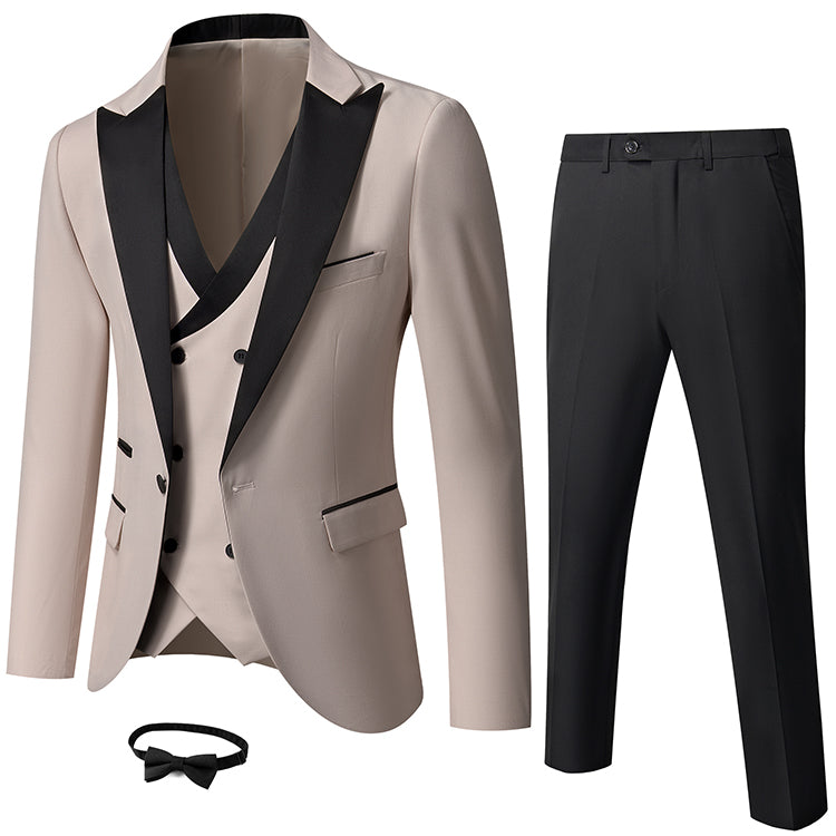 YND contrasting-lapel dinner suit with black trousers.