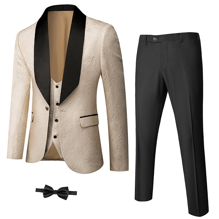 Gold patterned YND dinner suit with black trousers.