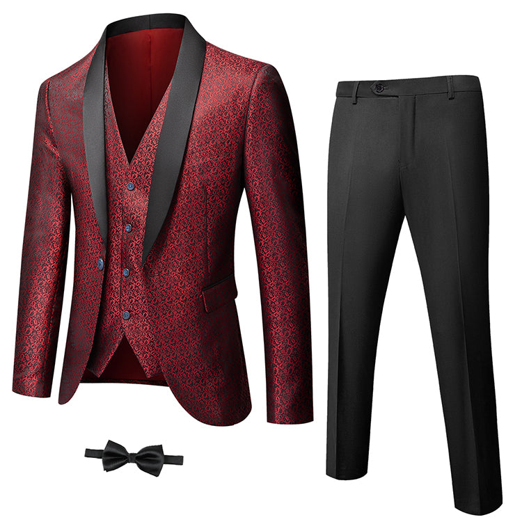 Red patterned YND dinner suit with black trousers.