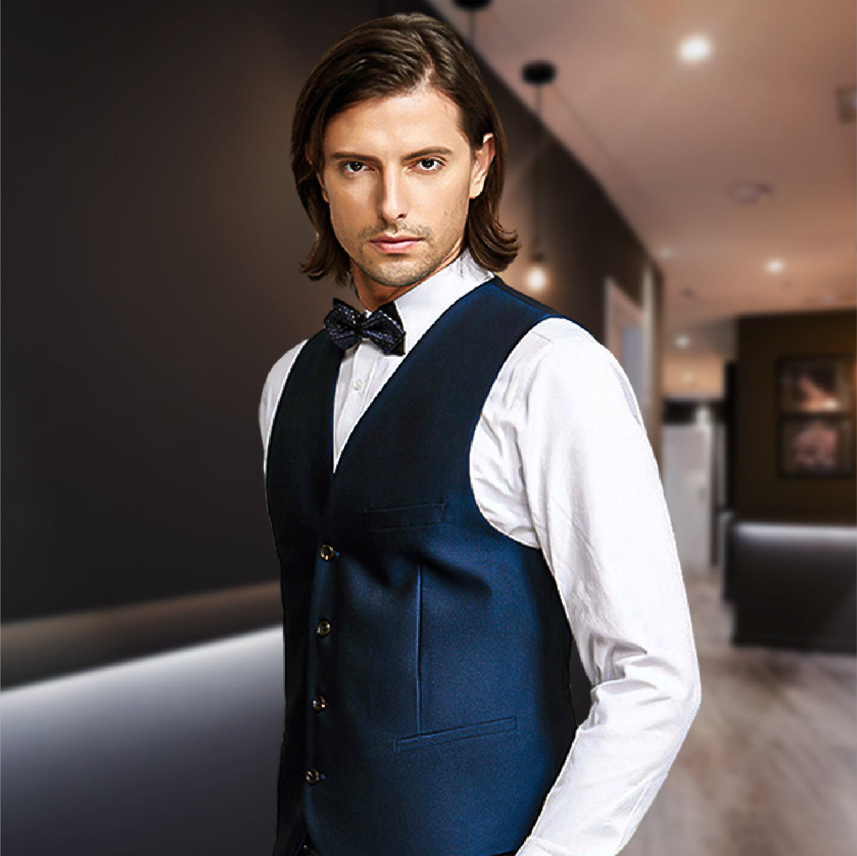 YND dinner campaign: a man wearing a blue waistcoat and bow tie.