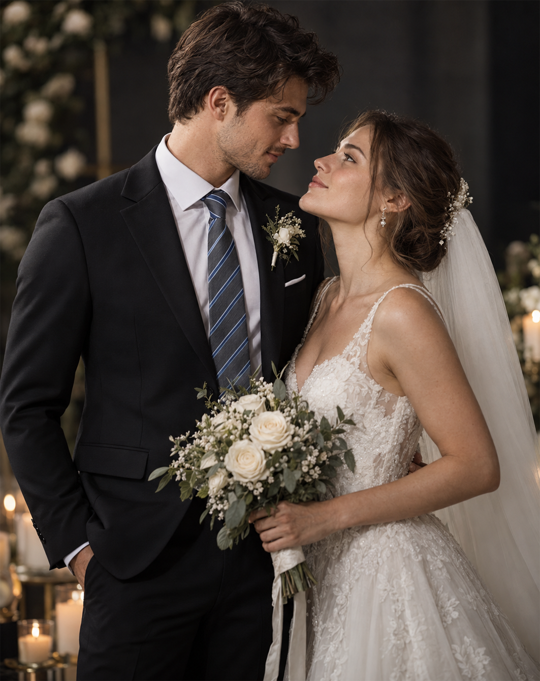 Bride and groom together, with the groom wearing a dark suit and striped tie